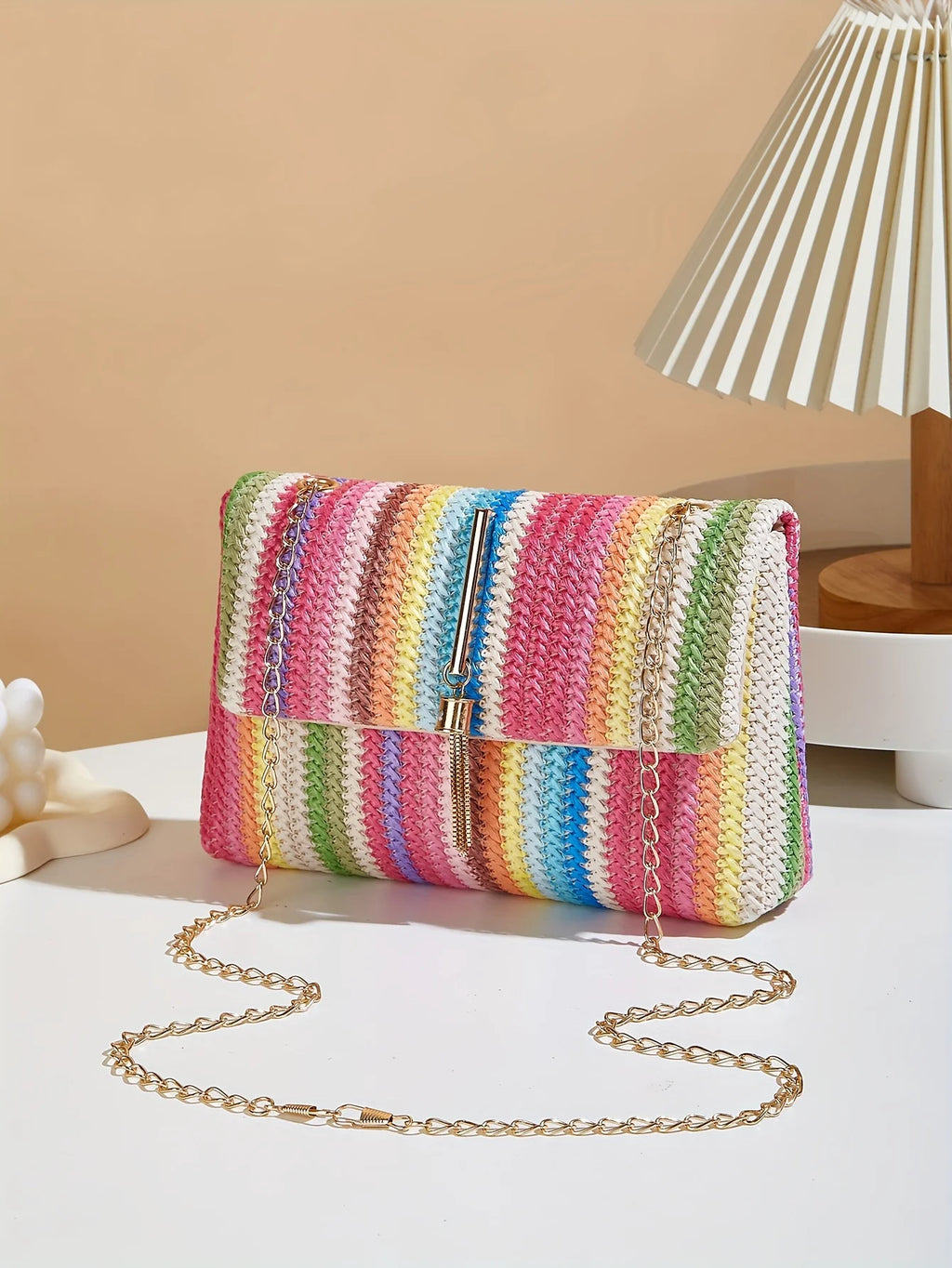 Chic Rainbow Stripe Straw Crossbody Bag for Women Adjustable Shoulder Strap Magnetic Closure Tassel Accent, Fashion Square Purse