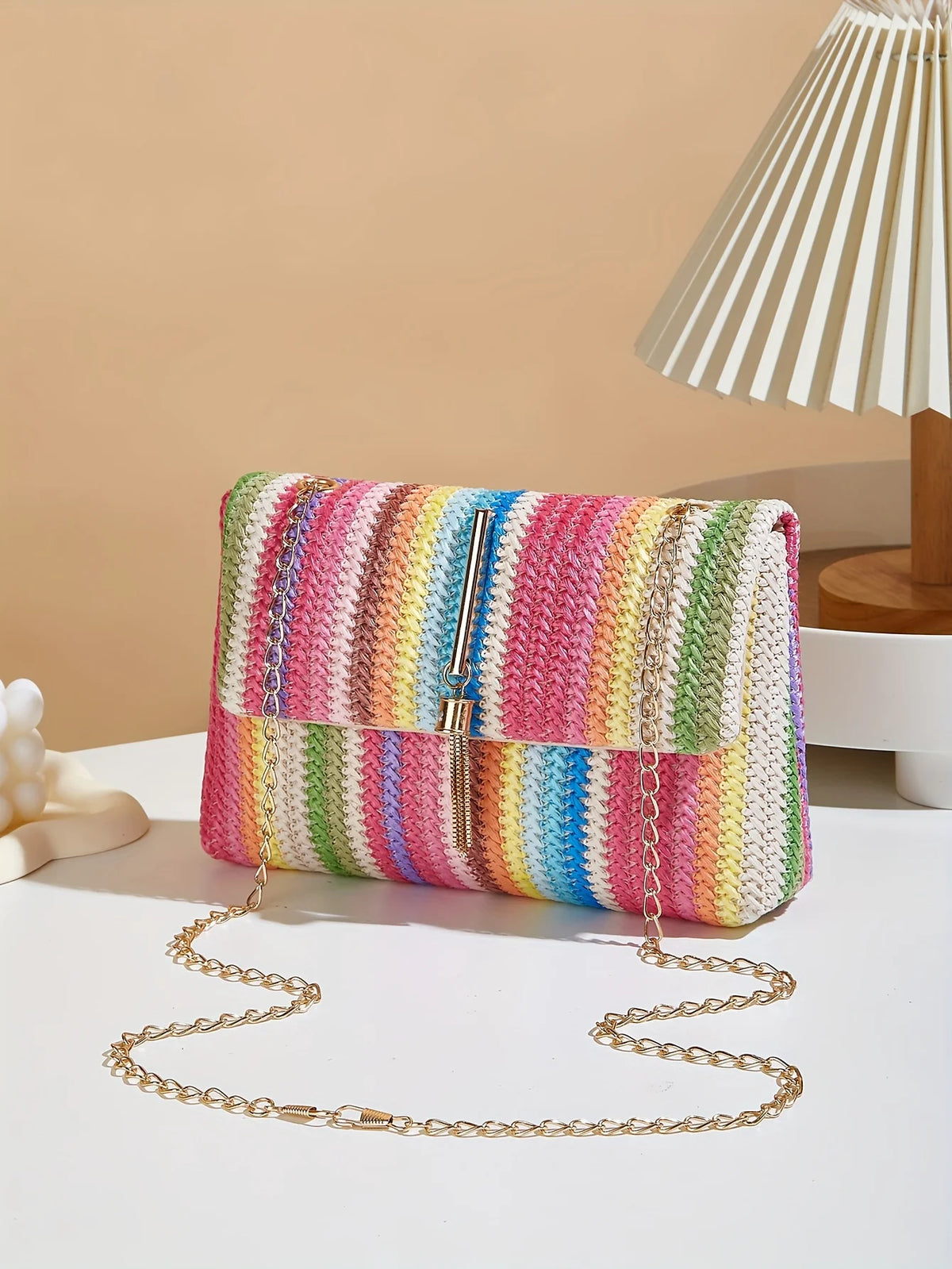 Chic Rainbow Stripe Straw Crossbody Bag for Women Adjustable Shoulder Strap Magnetic Closure Tassel Accent, Fashion Square Purse