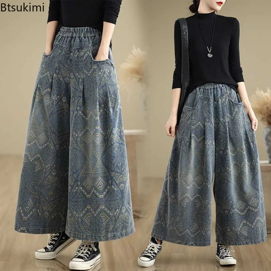 2026 Women's High Waist Wide Leg Jeans Loose Casual Straight Fit Trousers Elastic Waist Spring Autumn Vintage Print Denim Pants