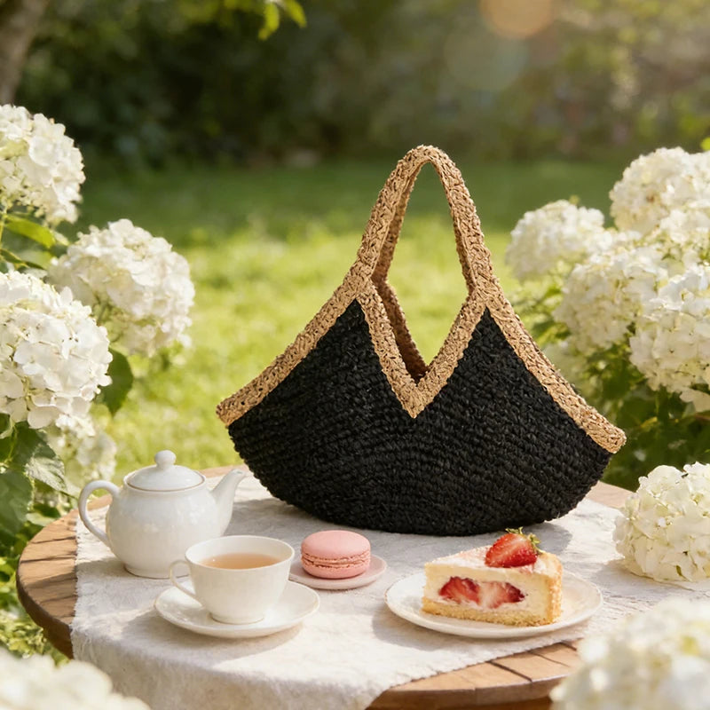 Bohemian Handmade Woven Straw Beach Bag Vintage Crochet Tote Shoulder Handbag Summer Vacation Seaside Daily Casual Rattan Purse