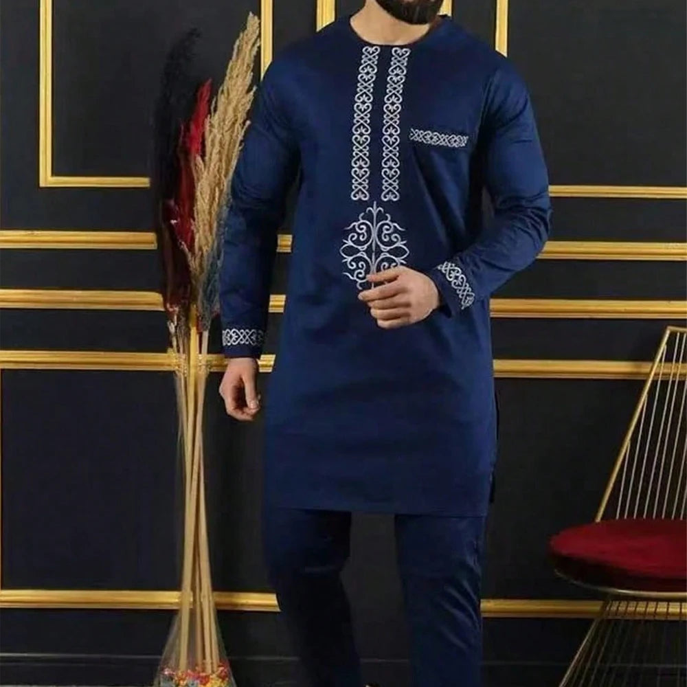 Kaftan Elegant Men's Suit Long Sleeve Ethnic Style Casual EmbroideryTop And Pants 2PCS Sets African Fashion Traditional Outfits