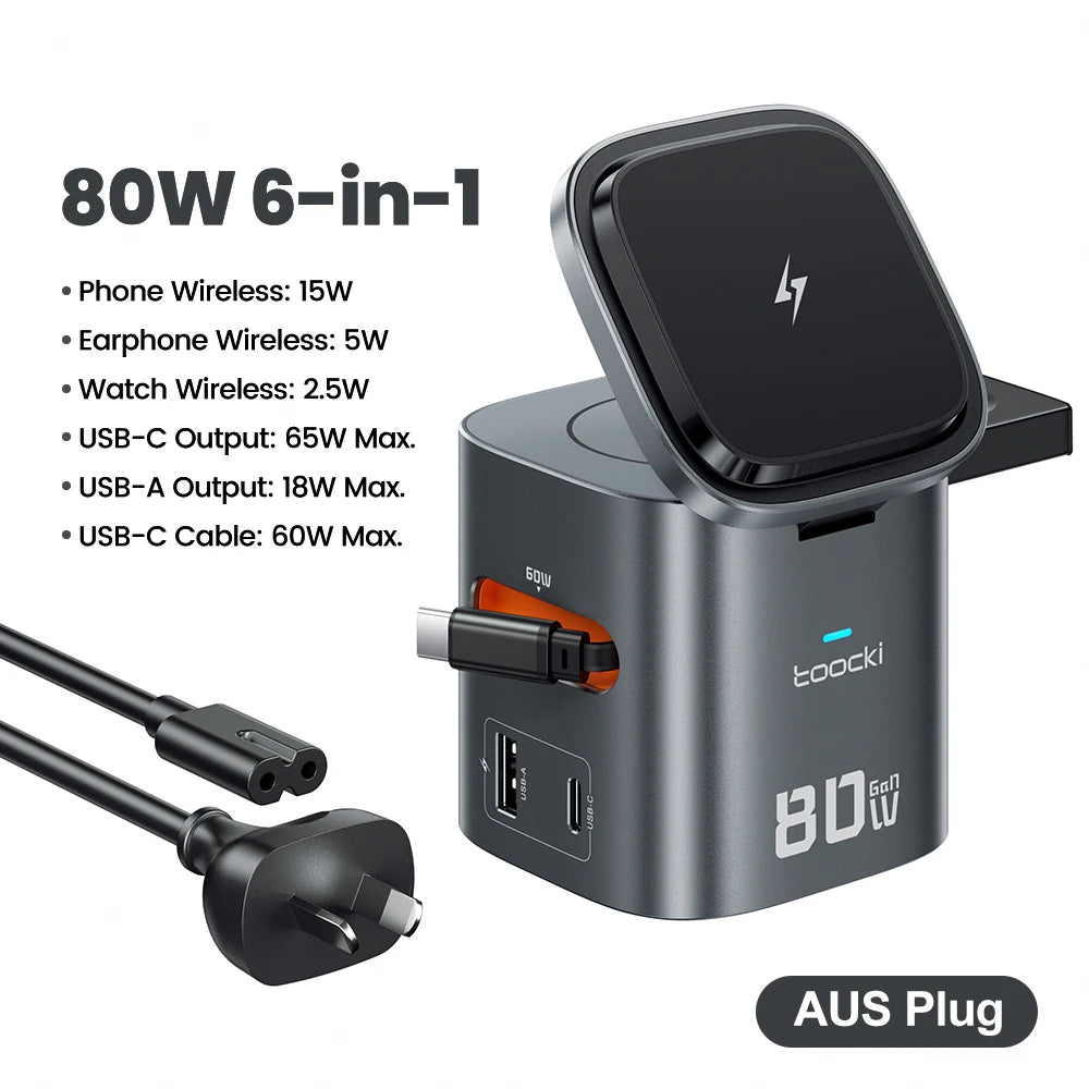 Toocki 80W 6-in-1 GaN Charging Station Type C PD 65W Retractable Fast Charger Wireless Adapter For iPhone 16 17 iWatch AirPods