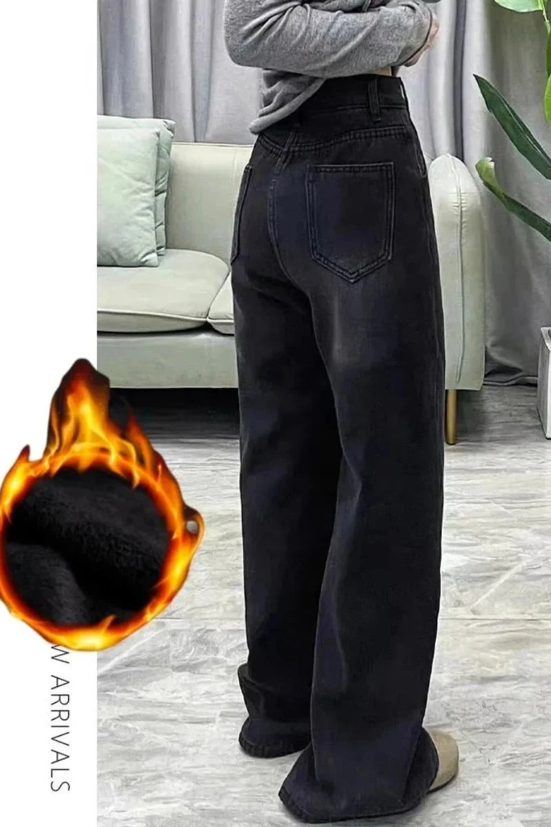 Womens Jeans Y2k Jeans Flared Trousers Black Gray Straight Leg Winter Warm Fleece Lined Loose Fit High Waist Wide Leg Fashion