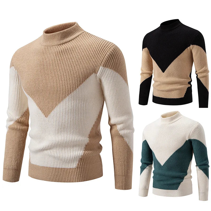 High Quality Men's New Autumn Winter Sweaters Casual Warm Mock Neck Pullovers Trend Color Blocking Design Men Sweaters Knit Tops