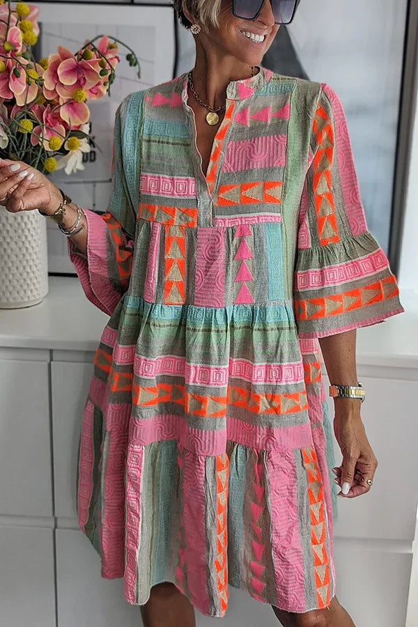 2026 Women Dresses V Neck Three Quarter Sleeve Pullover Dress Print Floral Vestidos Knee Length Loose Fit Casual Summer