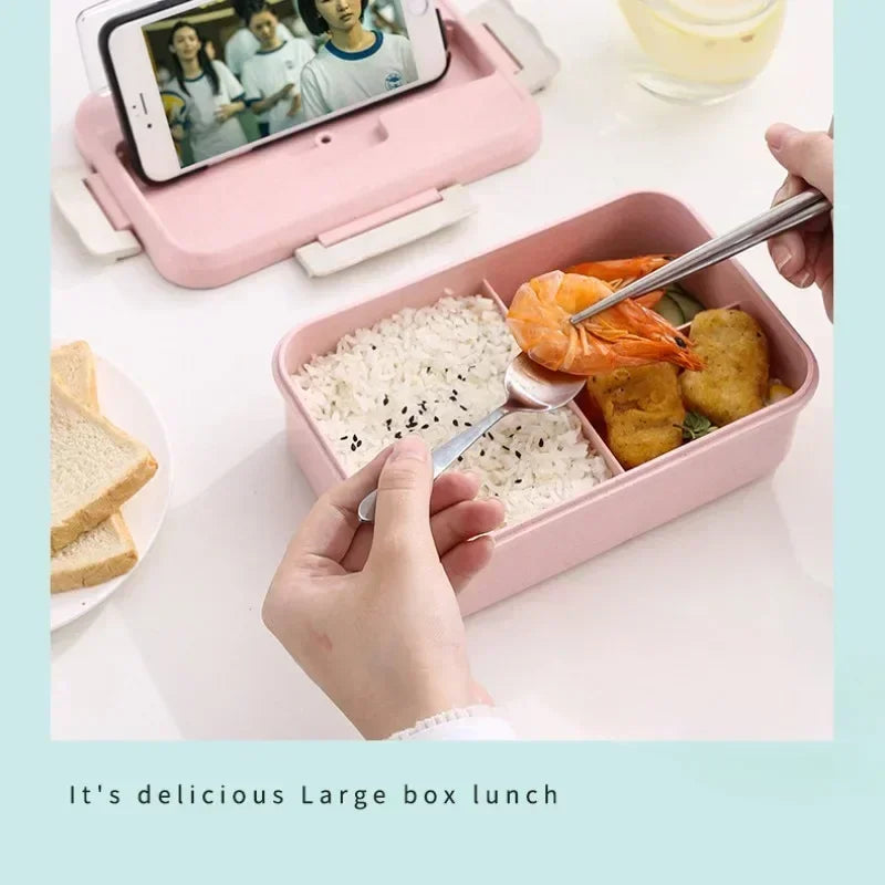Microwave Lunch Box for Children Portable School Office Bento Box with Tableware Spoons Chopsticks Wheat Straw Food Box