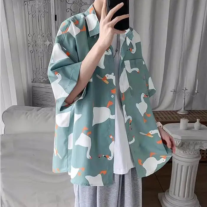 Retro Oil Painting Goose Print Men's Short Sleeve Thin Shirt Summer Fashion Casual Loose Square Neck Versatile Top