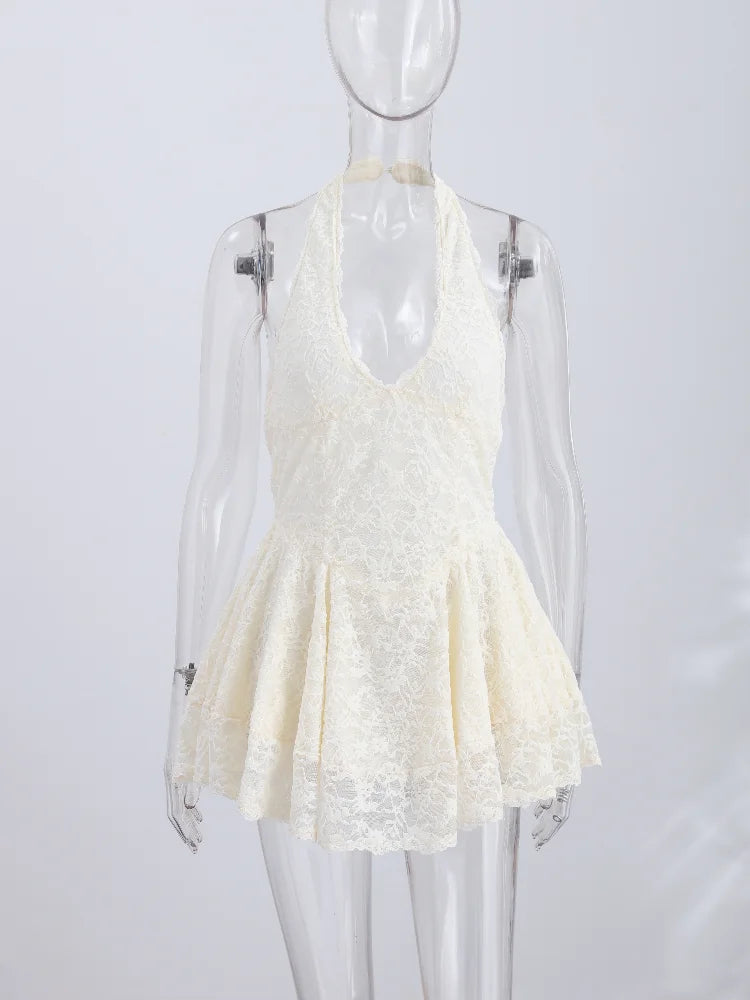 Hot Sweetheart Deep V Neck Halter Short Dress Lace Backless Waist Cinched Slim Vestidos 2026 Summer Beach Vacation Date Dresses