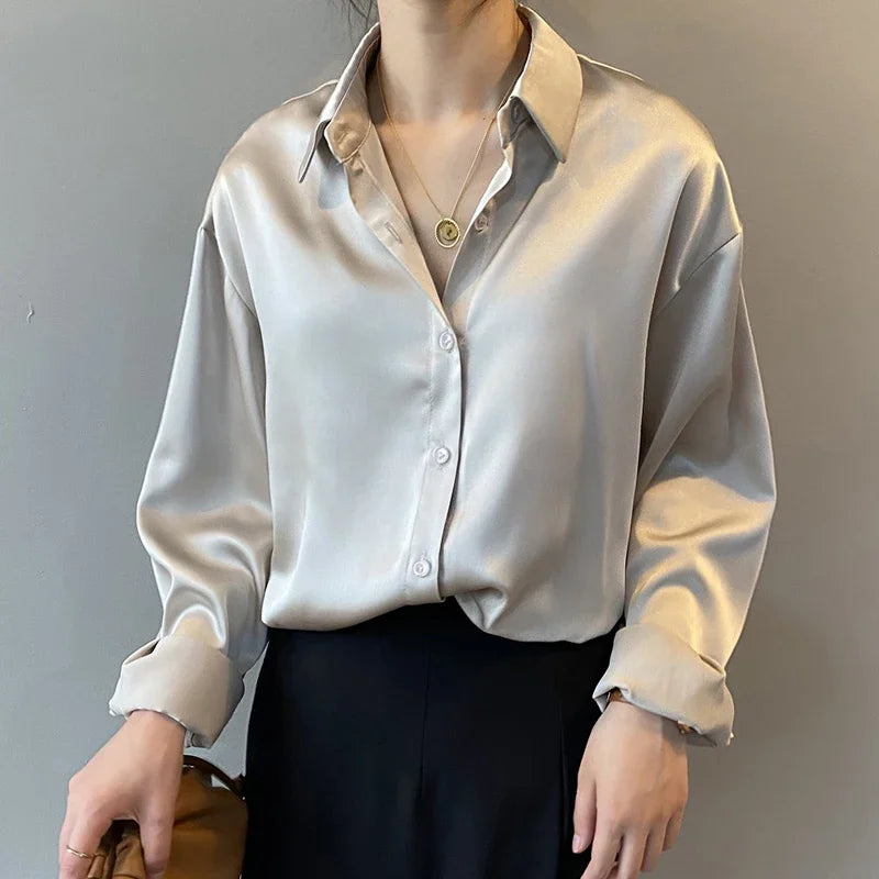 Fall Turn-down Collar Elegant Satin Loose Women Shirt 2026 Plus Size Blouse Autumn Vintage Casual Button Silk Tops