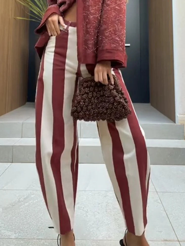 Soft Denim Button‑Front Curved‑Cut Jeans Slim‑Fit  Striped 2026 Summer Casual Women Denim Pants Fashion Versatile Lady Trousers