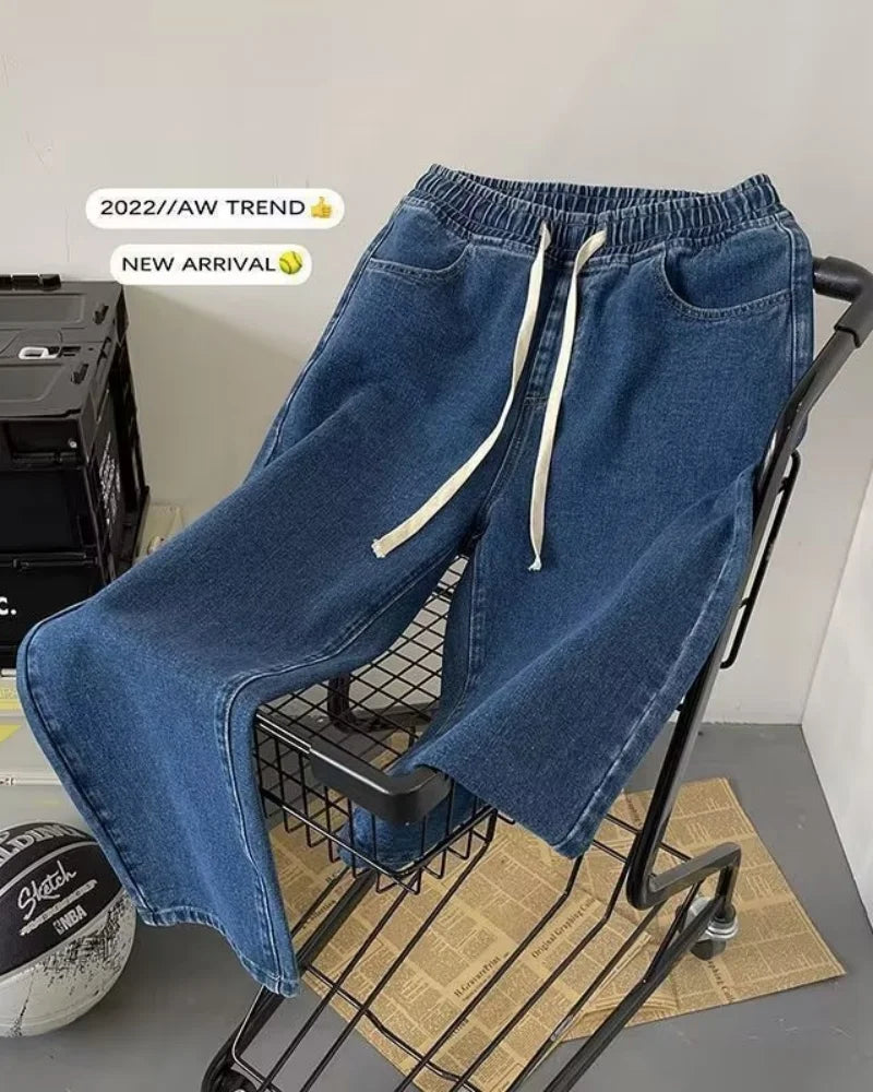 Men's Winter Loose Jeans Elastic Waist Wide Leg Y2K Denim Pants Straight Leg Comfortable Brand Men's Jeans