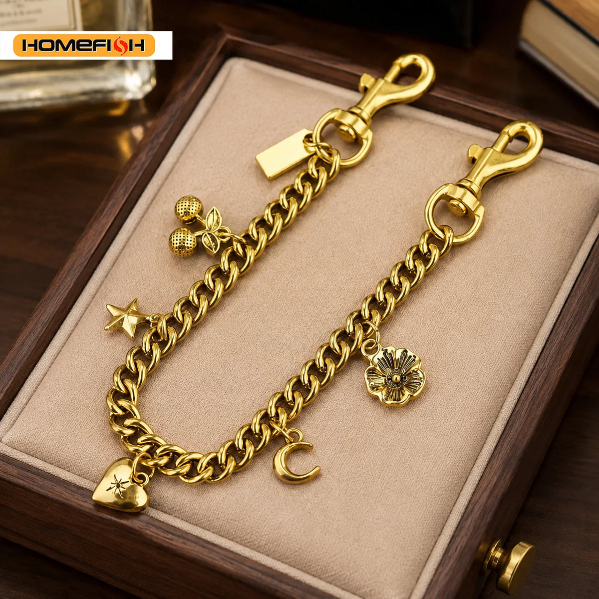 HOMEFISH Vintage Alloy Bag Hanging Chain Multi‑Charm Pendant Cherry Flower Star Moon Heart Decor for Handbag DIY Accessory