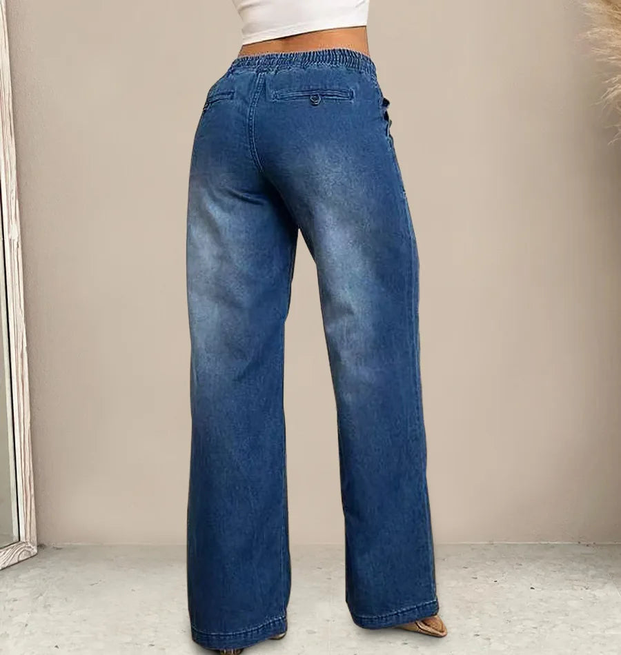Women Jeans Vintage Denim Pant Elastic Waist Lace Up Wide Leg Long Pants Straight Trousers Y2k Streetwear Splice Work Spring