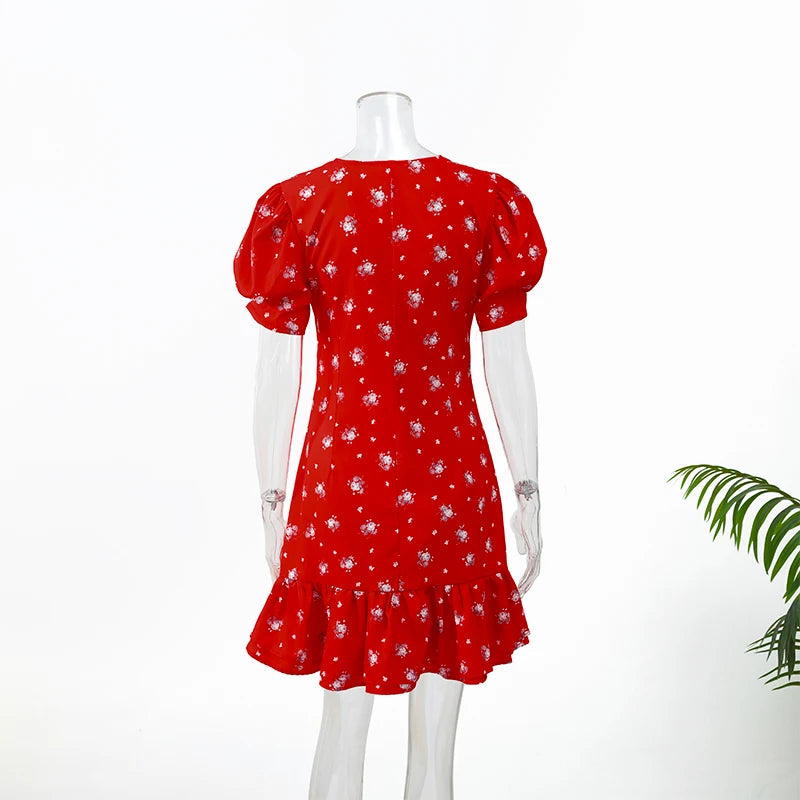 Elegant Print Low-cut Ruffle Short Dress Women V-neck Short-sleeved Waist Cinching Pleated Mini Dresses Casual Party Vestidos