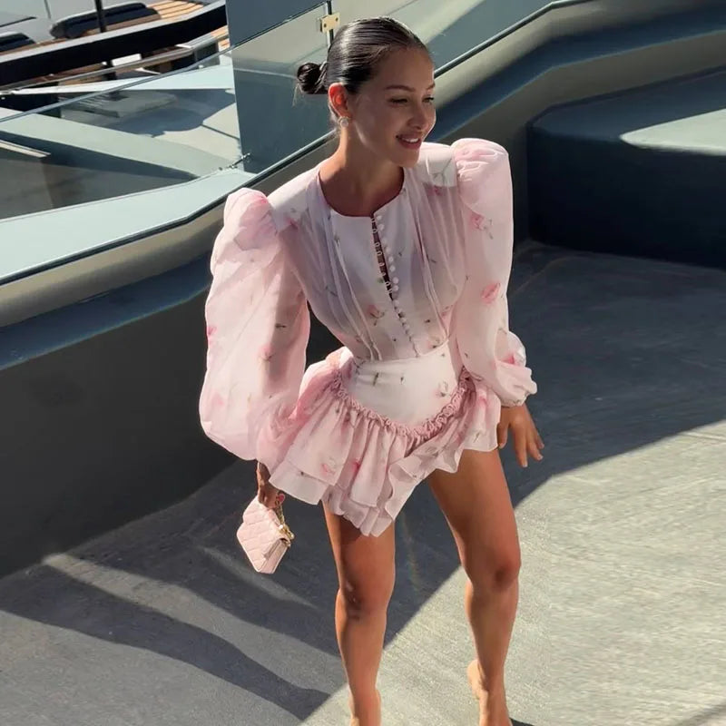 Sexy Women's Floral Printed Mini Ruffle Skirt Set Slim Lace Trim Hollow Spaghetti Strap Top Pleated Skirts 2026 Summer Lady Suit