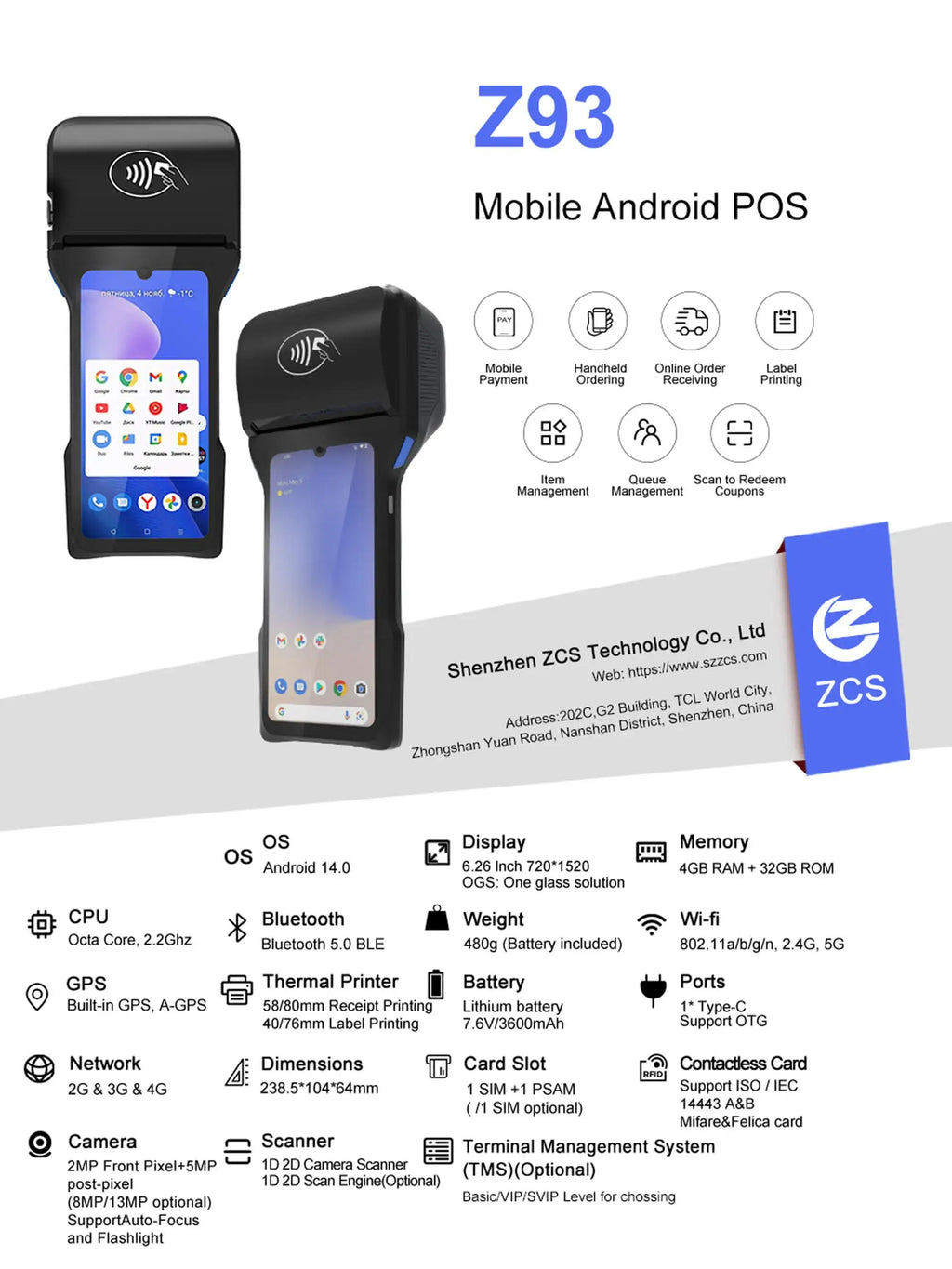 Android 13/14 Handheld POS Terminal PDA Printer 58/80mm Portable Receipt Thermal Printer NFC All-In-One POS System Ticket Maker
