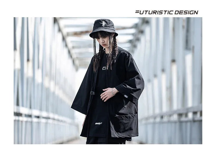 2023 Ribbon Hip Hop Punk Techwear Kimono Oversized Shirts Mens Japan Style Harajuku Casual Cargo Shirt Cloak