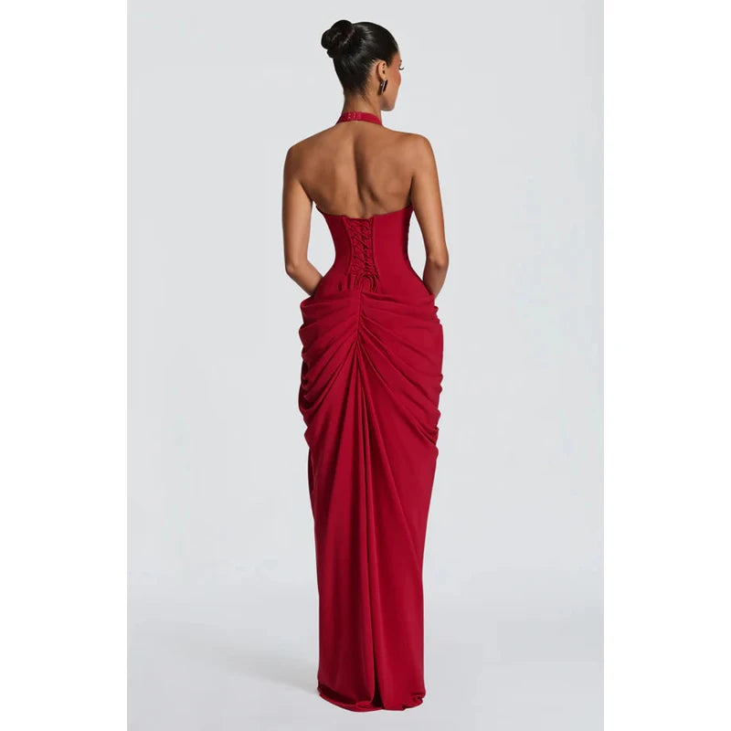 Women Sexy Solid Pleated Strapless Dress Lady Chic Off-shoulder Backless High Waist Split Dresses 2026 Summer Evening Party Gown