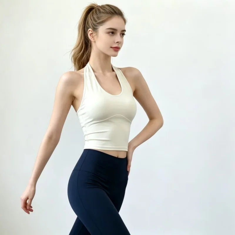 Women Halter Tie Open Back Yoga Tank Top Summer Skin-Friendly Breathable Fixed Padding Sports Bra Gym Fitness Workout Crop Top
