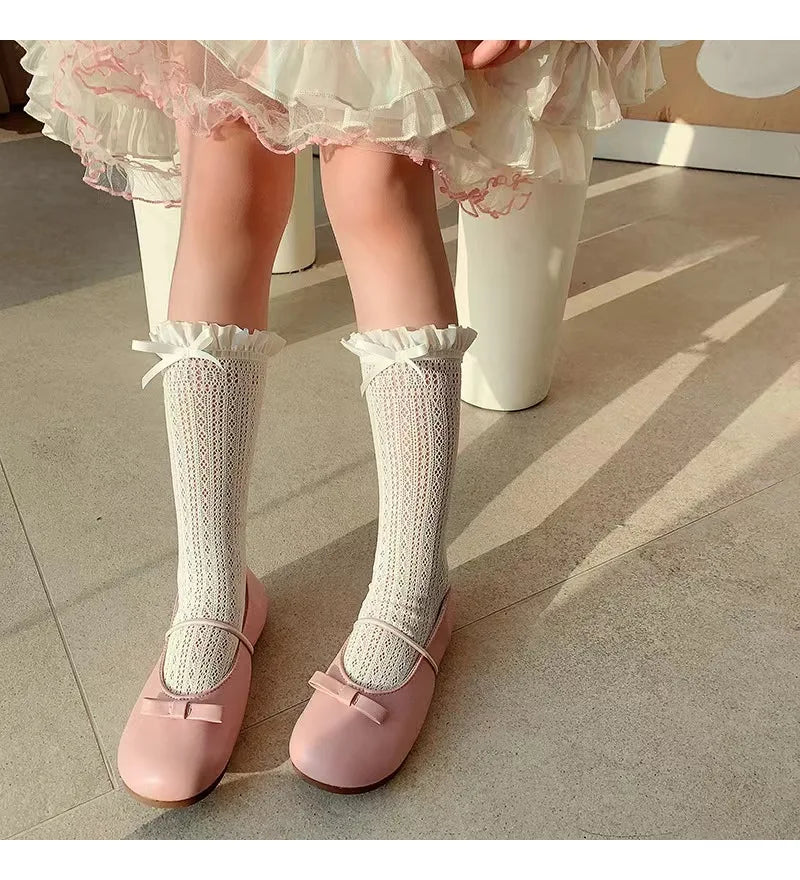 Girls Long Tube Lace Stockings Sweet Bow Jacquard Pattern Mesh Sock Baby Girl Ballet Fishing Net Frilly Socks Lolita Leggings