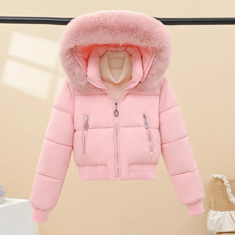 American Waistedn Big Fur Collar Hooded Short Cotton Coat for Women Winter New Fashionable Hat Detachable Casual Slimming Jacket