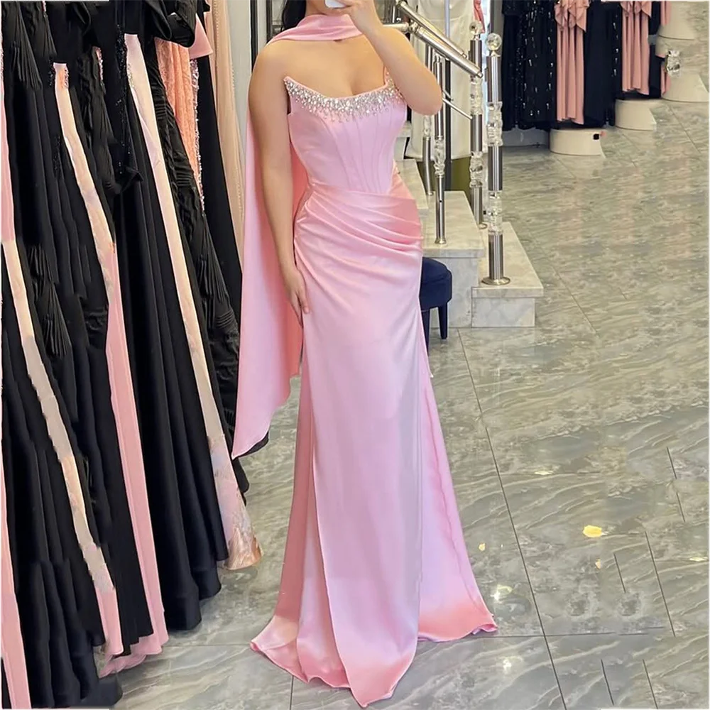 Pink Satin Strapless Evening Dress For Women Chic Pleat Sparkly Beaded Diamond Formal Occasion Mermaid Gown Prom Dress Robes