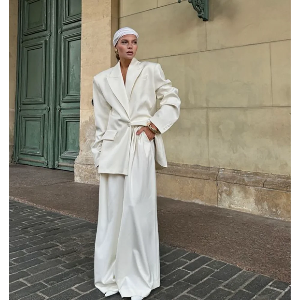 Women Suit 2 Piece Outfit Oversized Blazer Wide Leg Pants Set Elegant Office Business Formal Party Wedding Evening Tuxedo