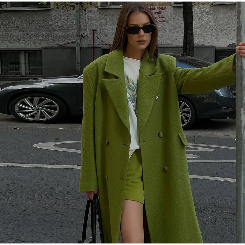 Elegant Women's Woolen Overcoat Solid Lapel Double Breasted Full Sleeve Long Coat 2026 Autumn Winter Fashion Lady Outwear