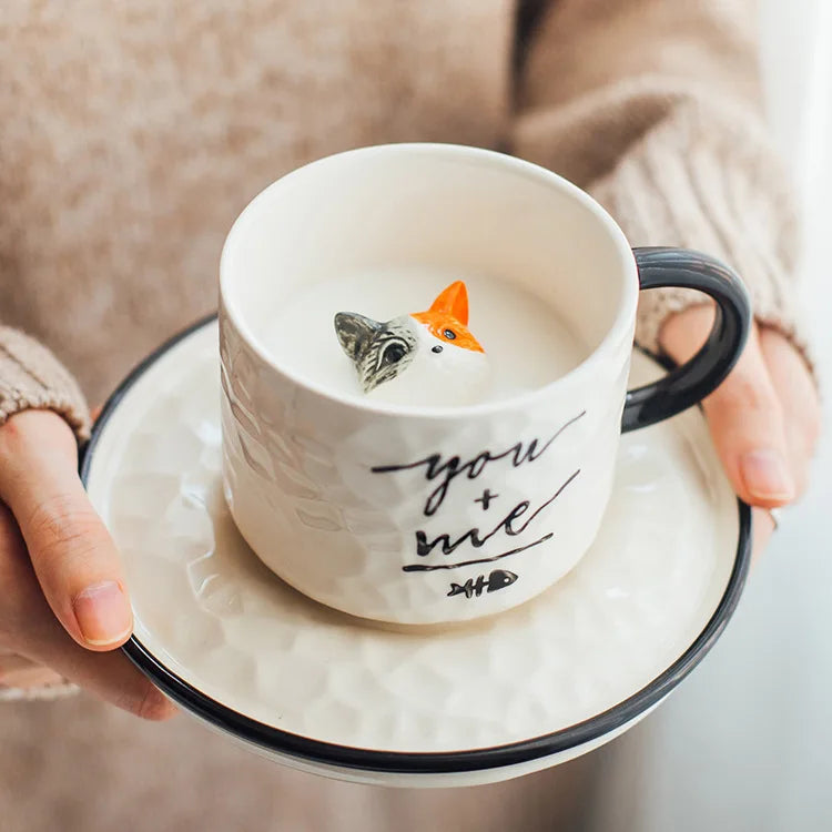 Modern Cartoon Cute Cat Ceramic Coffee Cup with Saucer Cute Cat Animal Porcelain Mug for Kids Birthday Gift Breakfast Milk Mug