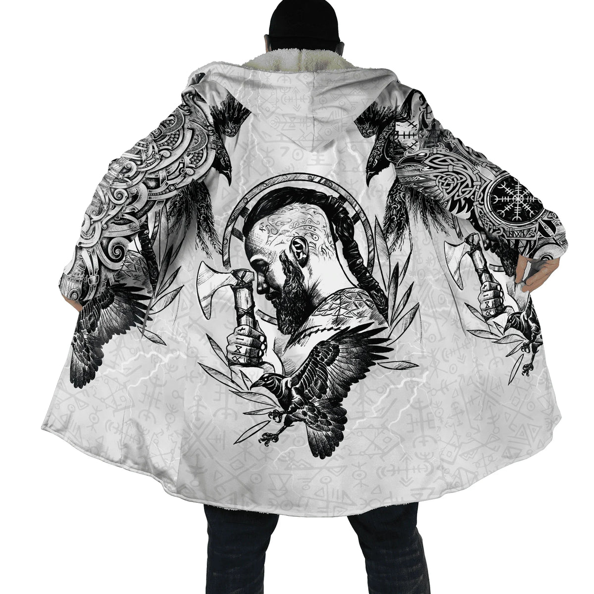 Winter Fashion Mens cloak Norse Odin Raven Tattoo 3D Printed Thick Fleece Hooded Coat Unisex Casual Warm Cape coat DP23