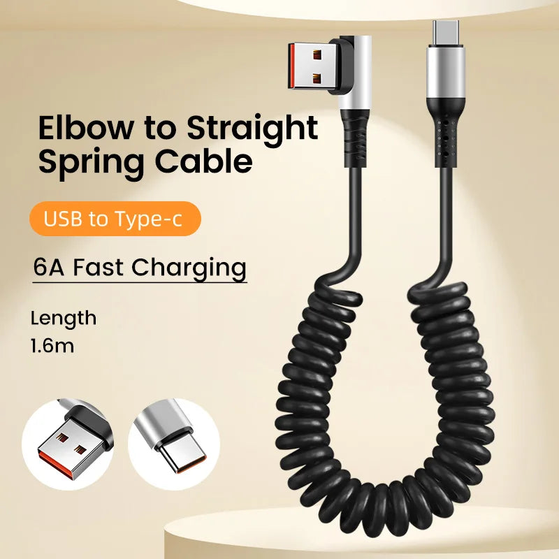 90 Degree Elbow Spring Cable USB Type C 6A Fast Charging 0.35-1.6M Retractable Data USB C To Type C Cable For iphone 15 Android