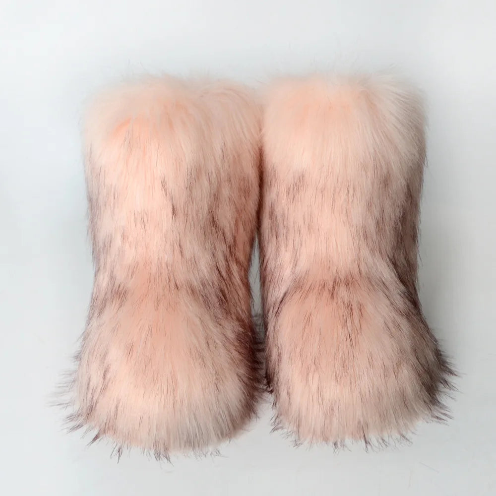 Women's Winter Snow Boots Outdoor Luxury Furry Faux Fox Fur Boots Woman Plush Warm Platform Shoes New Fashion Bottes Big Size 46