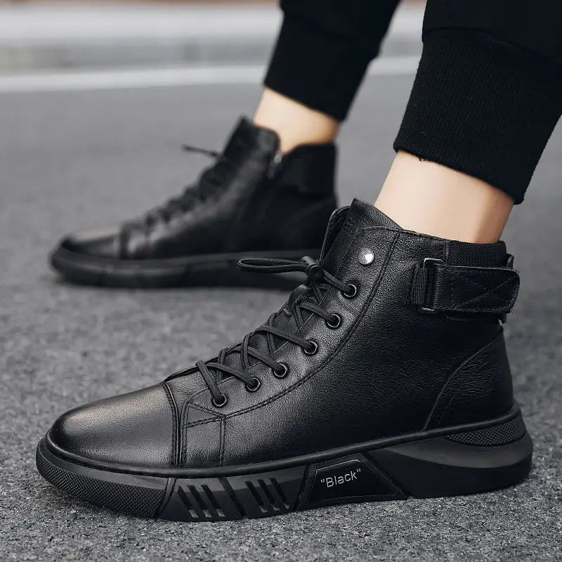 Men's Breathable Leather Casual High Top Leather Shoes Casual Men's Shoes Desert Boots British Style Black Leather Boots - Beauty