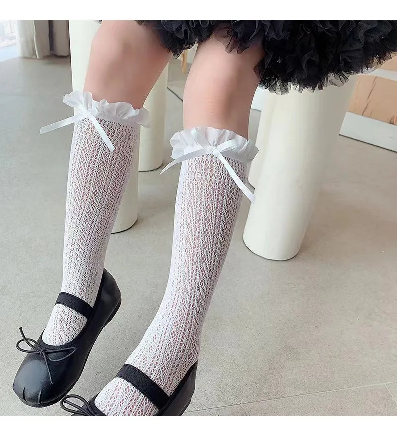Girls Long Tube Lace Stockings Sweet Bow Jacquard Pattern Mesh Sock Baby Girl Ballet Fishing Net Frilly Socks Lolita Leggings