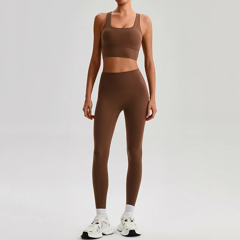 Naked Feel Yoga Set Women Fitness Sportswear 2 Piece Strappy Sports Bra High Waist Gym Leggings Workout Outfit Active Wear