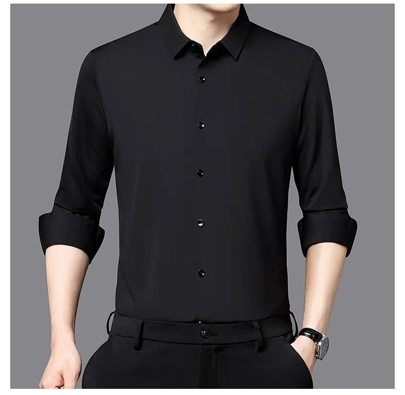 Seamless Anti-wrinkle Business Silky High Elastic Spandex Men's Long-sleeved Shirt Formal Social Non-iron Solid Color Casual