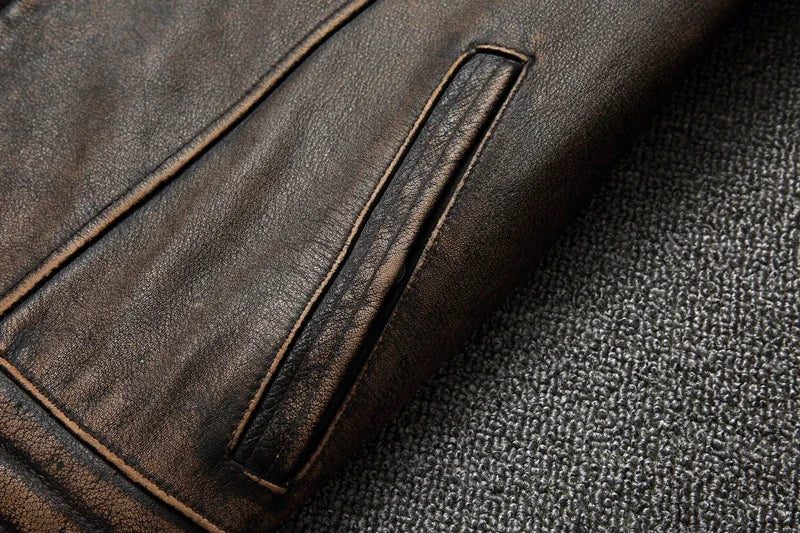 NEW Men's Vintage Motorcycle Jacket Stand Collar Natural Cowhide Jacket Classic Top Layer Cowhide Moto Suit Biker Clothing