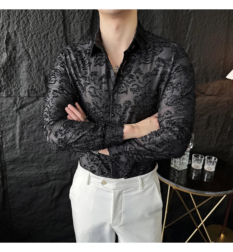 Tassels Shirts For Men Korean New Autumn Winter Long Sleeve Men's Social Shirt Slim Fit All Match Plain Color Blouse Homme 4XL-M