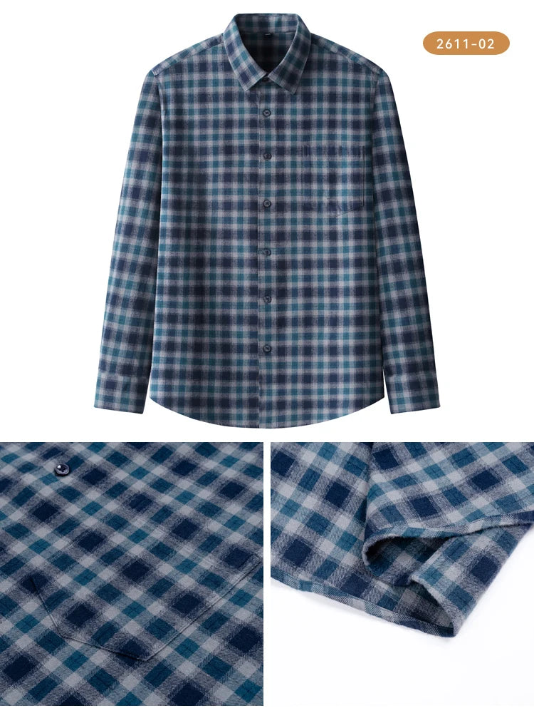 Vintage Men's Flannel Shirts with Pocket Long Sleeve Brushed Shirt for Men Warm Casual Soft Cotton 100% Button Down Plaid Shirt