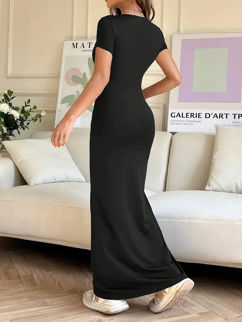 Sexy Slim Fit Short Sleeve round Neck Dress Pure Color Long Dress for Women LinJ2026 Casual European Style mid Waist Skirt