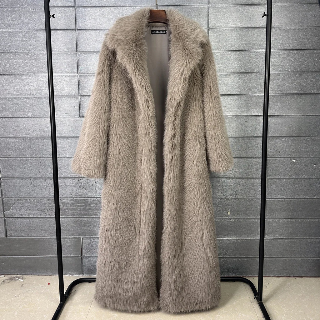 Long Faux Fur Coat Women Autumn Winter Large Jacket Overcoat White Turn Down Collar Pockets Thick Coat Warm Jackets Maxi Coats