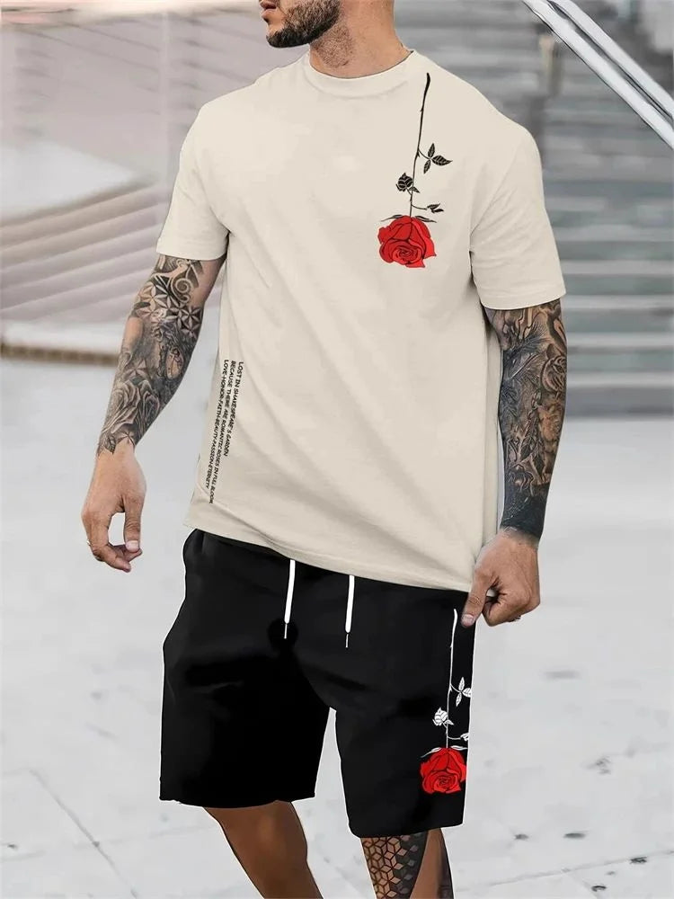 New Rose Pattern Men's T-shirt Round Neck Short Sleeve Drawstring Shorts Outdoor Breathable Casual Short Sleeve Set