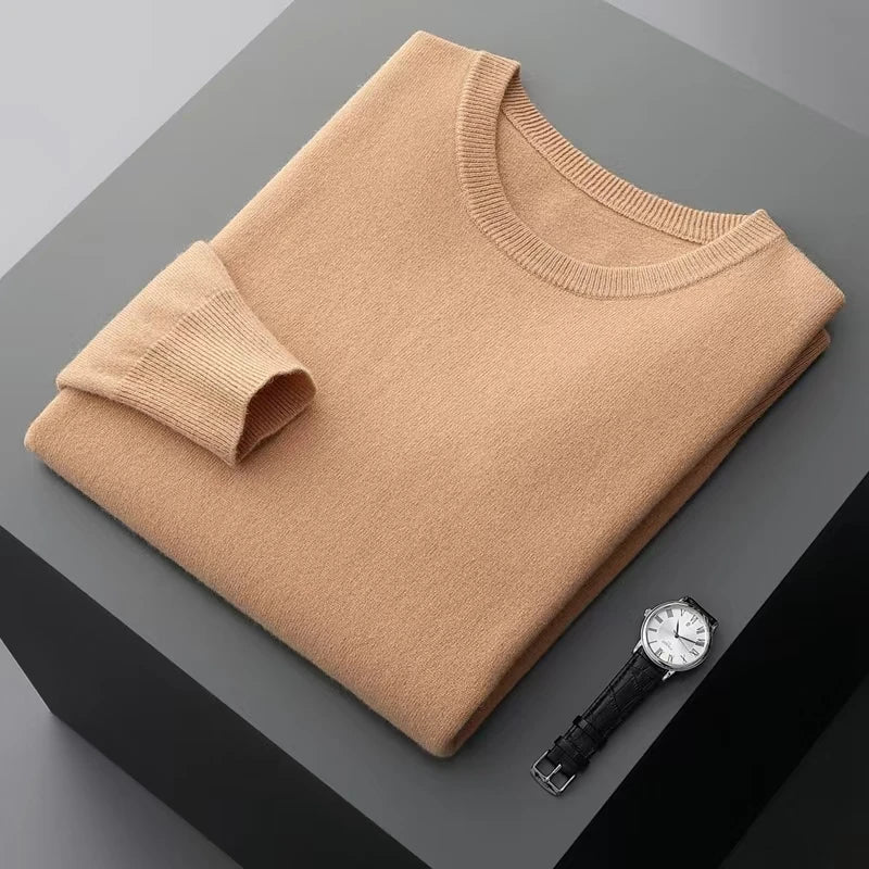 100% wool men's round neck solid color loose knit cashmere pullover for business and leisure, keeping warm in autumn and winter
