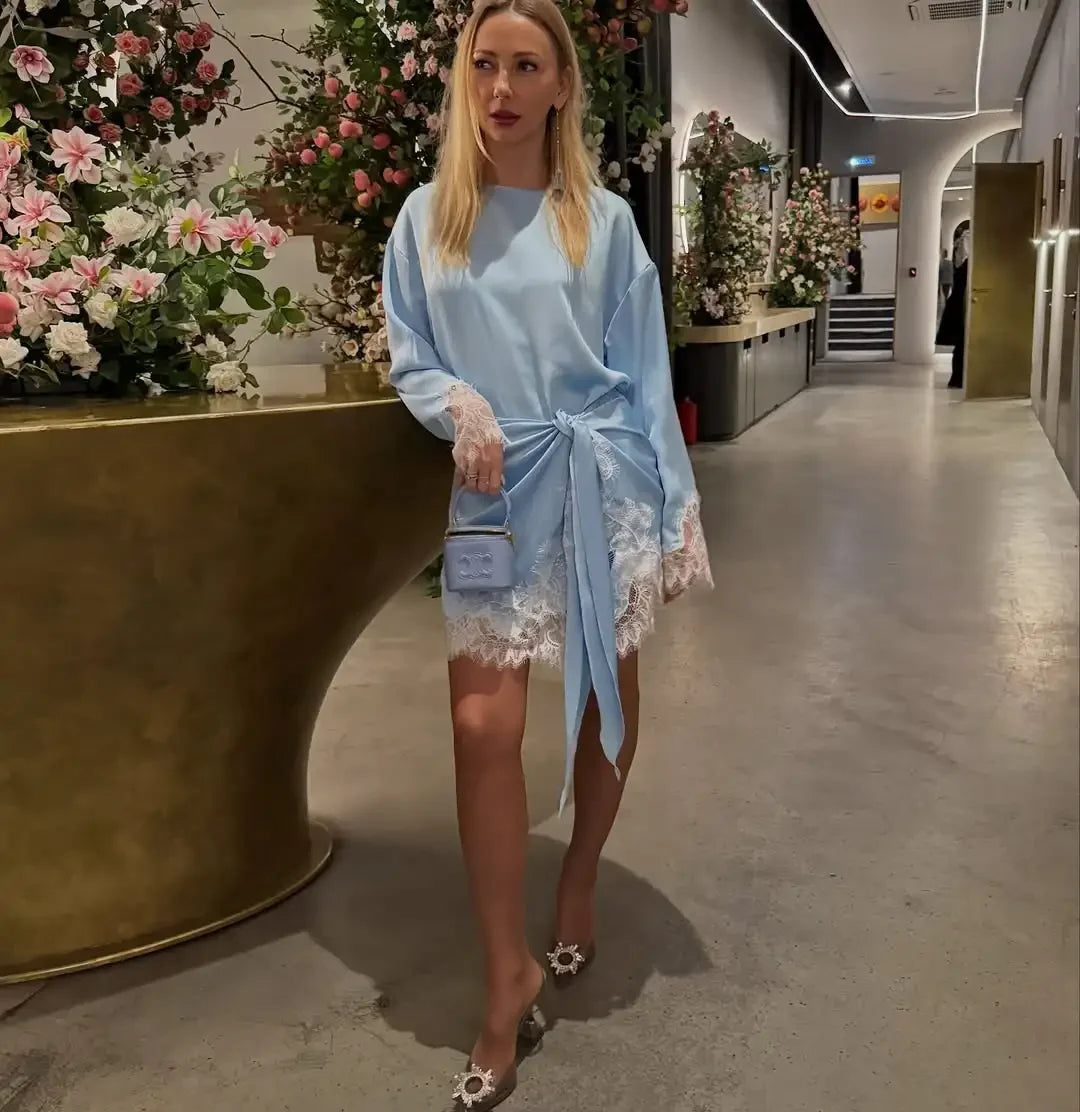 Satin Lace Patchwork Dress Women Long Sleeve O-neck Casual 2026 Spring Female Dresses Casual Solid Beach Robe not contain pearls
