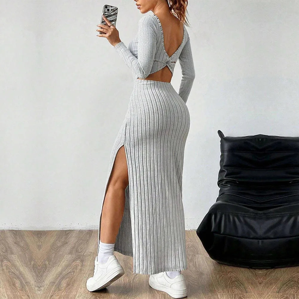 Women's Knitting Dress 2026 Spring Autumn Long Dress Minimalist Elegant Square Neck Backless Design Long Sleeve Midi Dress