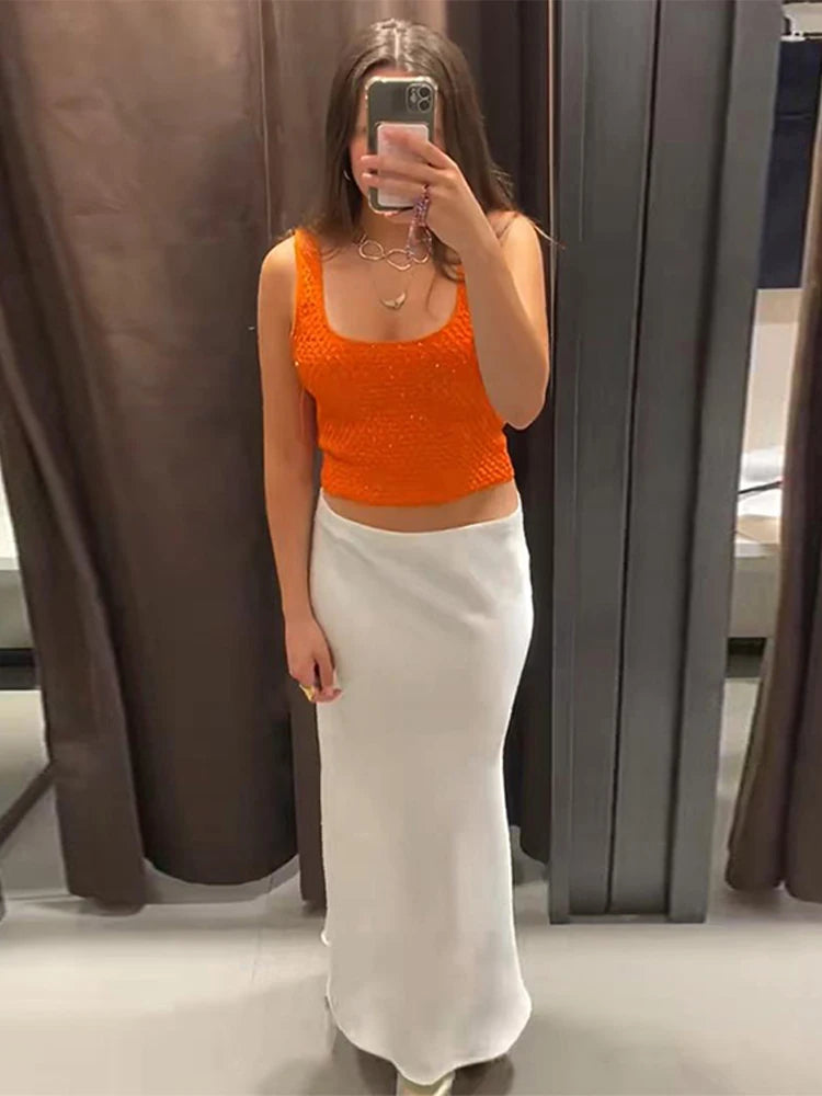 Women's Tank Tops Knitted Sequined Vests Summer Female Square Collar Sleeveless Backless Bodycon Crop Top Chic Lady Knitwear New