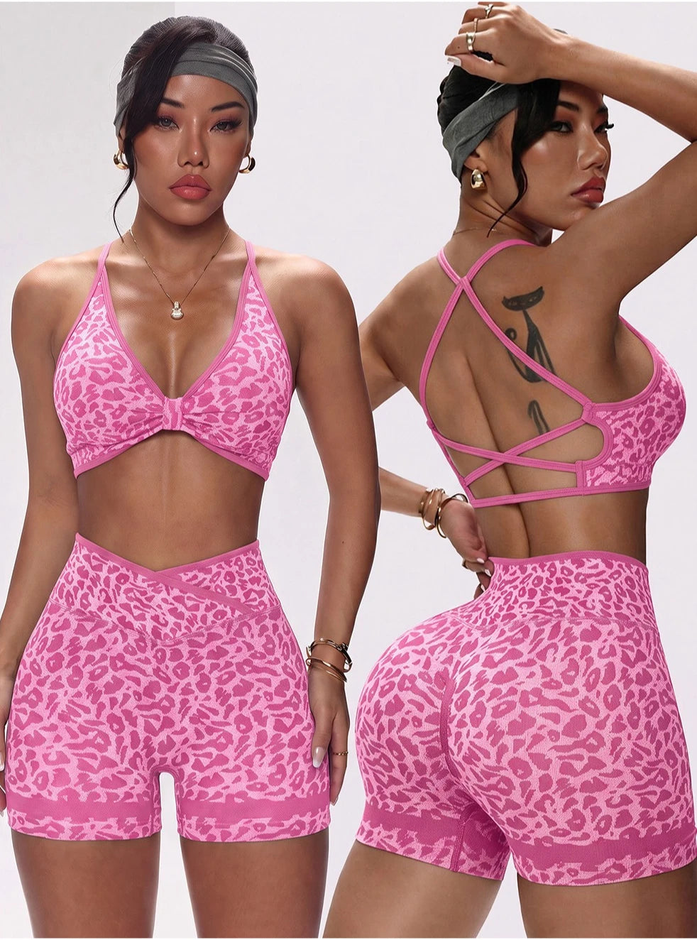 Women Seamless Leopard Print Yoga Outfit Cross Back Sports Bra and Biker Shorts 2 Piece Set Gym Workout Fitness Active Wear