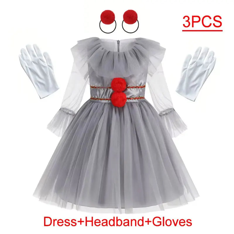 Scary Grey Joker Clown Costume for Kids Horrible Cosplay Dress Set 2026 Halloween Carnival Party Outfit Boys Girls