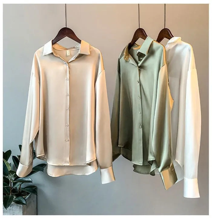 Fall Turn-down Collar Elegant Satin Loose Women Shirt 2026 Plus Size Blouse Autumn Vintage Casual Button Silk Tops