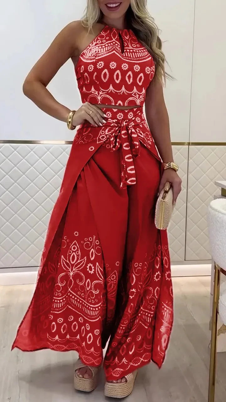 Summer Vintage Halter Top Wide Leg Pants Set Women's Bohemian 2-Piece